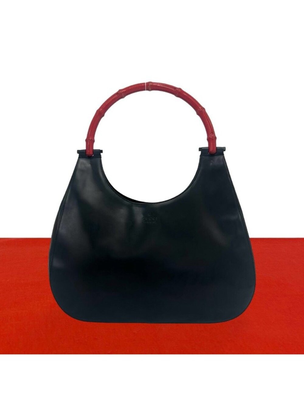 Gucci Bamboo Logo Leather Bag Handbag Black Red